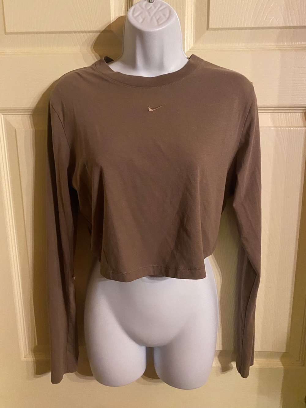 Nike Brown Cropped Long Sleeve Top with Mini Swoosh